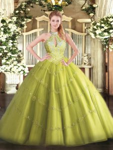 Popular Floor Length Yellow Green Vestidos de Quinceanera Tulle Sleeveless Beading