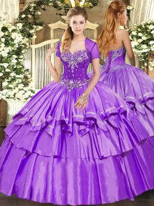 Glorious Sleeveless Organza and Taffeta Floor Length Lace Up 15 Quinceanera Dress in Lavender with Beading and Ruffled Layers