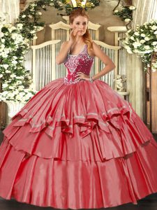 Elegant Coral Red Sleeveless Beading and Ruffled Layers Floor Length Quinceanera Dresses