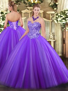 High End Eggplant Purple Ball Gowns Tulle Sweetheart Sleeveless Appliques Floor Length Lace Up Sweet 16 Dresses