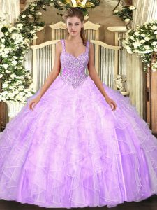  Straps Sleeveless Tulle Sweet 16 Dresses Beading and Ruffles Lace Up