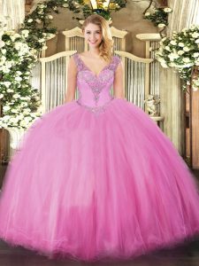  Rose Pink Ball Gowns Beading Quinceanera Gown Lace Up Tulle Sleeveless Floor Length