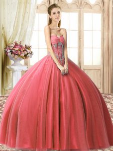 Nice Coral Red Sleeveless Floor Length Beading Lace Up Vestidos de Quinceanera