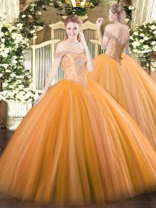 Floor Length Lace Up 15th Birthday Dress Orange for Military Ball and Sweet 16 and Quinceanera with Beading