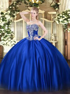  Ball Gowns Sweet 16 Dresses Royal Blue Strapless Satin Sleeveless Floor Length Lace Up