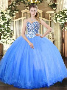Enchanting Sleeveless Tulle Floor Length Lace Up Vestidos de Quinceanera in Baby Blue with Beading