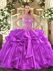  Halter Top Sleeveless Lace Up Sweet 16 Quinceanera Dress Purple Organza