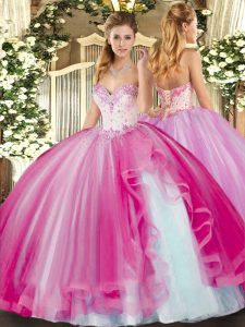 Captivating Fuchsia Ball Gowns Beading and Ruffles Quinceanera Dresses Lace Up Tulle Sleeveless Floor Length