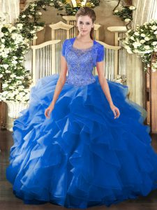  Blue Tulle Clasp Handle Quinceanera Dresses Sleeveless Floor Length Beading and Ruffled Layers