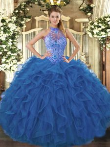  Organza Halter Top Sleeveless Lace Up Beading and Embroidery and Ruffles Quinceanera Dresses in Blue