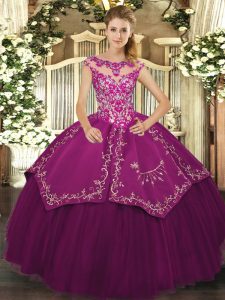  Purple Ball Gowns Satin and Tulle Scoop Cap Sleeves Beading and Embroidery Floor Length Lace Up Sweet 16 Quinceanera Dress