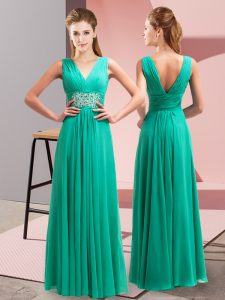 Colorful Turquoise Chiffon Side Zipper V-neck Sleeveless Floor Length Evening Dress Beading and Ruching