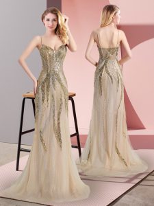  Sleeveless Tulle Sweep Train Side Zipper Homecoming Dress in Champagne with Beading