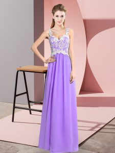  V-neck Sleeveless Prom Evening Gown Floor Length Lace Lavender Chiffon