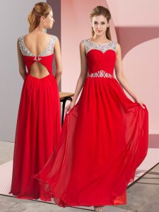  Empire Prom Party Dress Red Scoop Chiffon Sleeveless Floor Length Clasp Handle