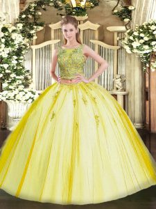  Floor Length Lace Up 15th Birthday Dress Yellow for Military Ball and Sweet 16 and Quinceanera with Beading and Appliques