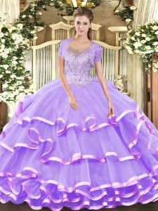 Stunning Scoop Sleeveless Tulle Quinceanera Dress Beading and Ruffled Layers Lace Up