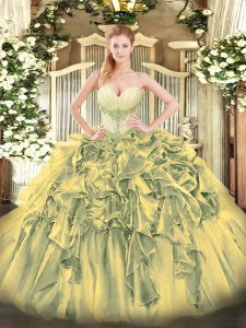 Gorgeous Olive Green Lace Up Sweetheart Beading and Ruffles Quinceanera Dress Organza Sleeveless