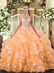  Orange Quinceanera Gowns Military Ball and Sweet 16 and Quinceanera with Beading and Ruffled Layers Straps Sleeveless Lace Up