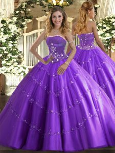  Lavender Sleeveless Floor Length Beading and Appliques Lace Up Quinceanera Dresses