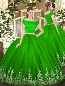 Perfect Short Sleeves Floor Length Appliques Zipper 15th Birthday Dress with Green