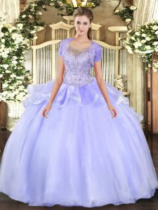  Floor Length Clasp Handle 15 Quinceanera Dress Lavender for Military Ball and Sweet 16 and Quinceanera with Beading and Ruffles