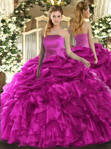 Customized Strapless Sleeveless Lace Up 15th Birthday Dress Fuchsia Organza