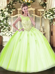 Fashion Floor Length Zipper Ball Gown Prom Dress Yellow Green for Sweet 16 and Quinceanera with Beading and Appliques
