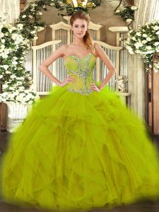  Sleeveless Organza Floor Length Lace Up 15 Quinceanera Dress in Olive Green with Beading and Ruffles