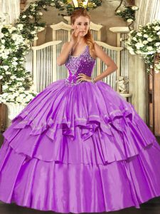 Customized Lilac Organza and Taffeta Lace Up Straps Sleeveless Floor Length Sweet 16 Dresses Beading and Ruffled Layers