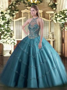  Ball Gowns Quinceanera Gowns Teal Halter Top Tulle Sleeveless Floor Length Lace Up