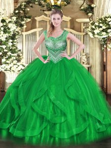  Green Vestidos de Quinceanera Sweet 16 and Quinceanera with Beading and Ruffles Scoop Sleeveless Lace Up