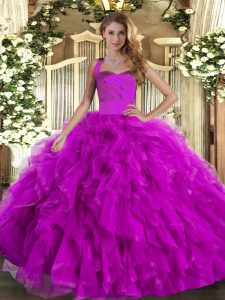 Admirable Floor Length Fuchsia Ball Gown Prom Dress Halter Top Sleeveless Lace Up