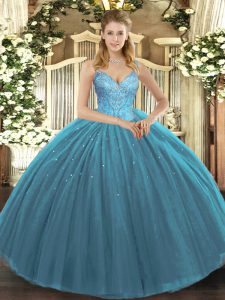  Teal Ball Gowns Tulle V-neck Sleeveless Beading Floor Length Lace Up Quinceanera Gown