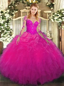  Long Sleeves Organza Floor Length Lace Up 15 Quinceanera Dress in Fuchsia with Lace and Ruffles