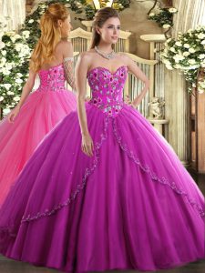  Brush Train Ball Gowns 15th Birthday Dress Fuchsia Sweetheart Tulle Sleeveless Lace Up