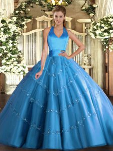 Sophisticated Ball Gowns Quince Ball Gowns Baby Blue Halter Top Tulle Sleeveless Floor Length Lace Up
