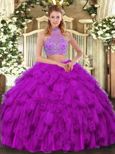  Fuchsia Two Pieces Organza Halter Top Sleeveless Beading and Ruffled Layers Floor Length Criss Cross 15 Quinceanera Dress