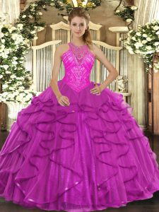 Simple Fuchsia Sleeveless Floor Length Beading and Ruffles Lace Up Quinceanera Dresses