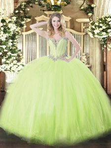  Floor Length Lace Up Quinceanera Gowns Yellow Green for Military Ball and Sweet 16 and Quinceanera with Beading