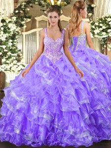 Flare Lavender Ball Gowns Beading and Ruffled Layers Sweet 16 Quinceanera Dress Lace Up Organza Sleeveless Floor Length