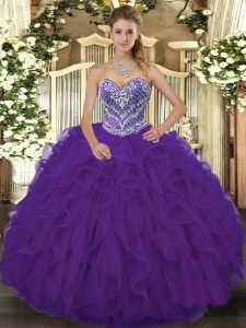  Sweetheart Sleeveless Vestidos de Quinceanera Floor Length Beading and Ruffled Layers Purple Lace