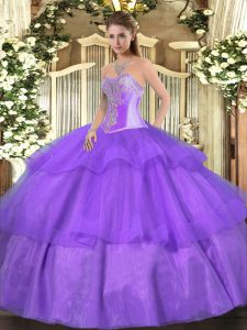 Unique Beading and Ruffled Layers 15 Quinceanera Dress Lavender Lace Up Sleeveless Floor Length