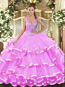 Fancy Ball Gowns Quinceanera Gown Lilac Straps Organza Sleeveless Floor Length Lace Up