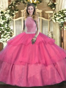 Smart Sleeveless Floor Length Beading and Ruffled Layers Lace Up 15 Quinceanera Dress with Hot Pink