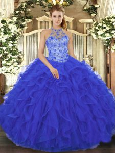 On Sale Sleeveless Lace Up Floor Length Beading and Embroidery and Ruffles Sweet 16 Dress