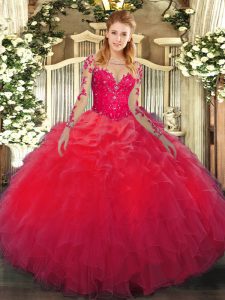  Floor Length Lace Up Quinceanera Dresses Red for Military Ball and Sweet 16 with Lace and Ruffles