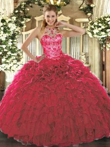  Beading and Ruffles Sweet 16 Dresses Red Lace Up Sleeveless Floor Length