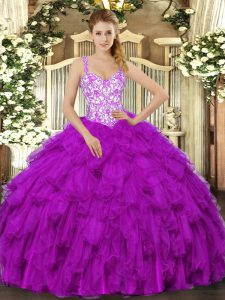 Graceful Fuchsia Straps Lace Up Beading and Appliques and Ruffles Quince Ball Gowns Sleeveless