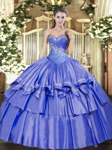 Modest Blue Quinceanera Dress Military Ball and Sweet 16 and Quinceanera with Beading and Ruffled Layers Sweetheart Sleeveless Lace Up